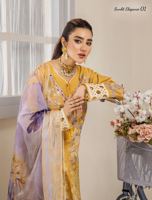 ZA Clothing Embroidered Semi Stitched Lawn- Sunlit Elegance 01