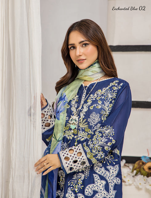 ZA Clothing Embroidered Semi Stitched Lawn- Enchanted Blue 0 2