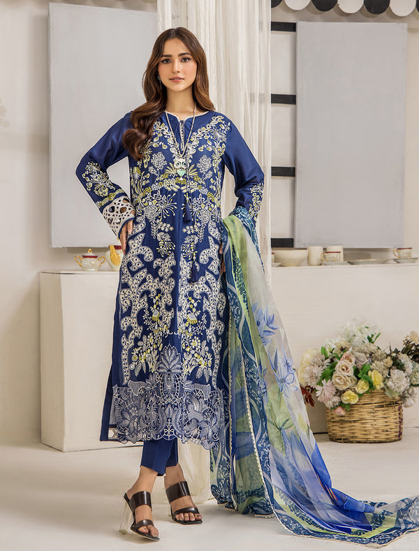 ZA Clothing Embroidered Semi Stitched Lawn- Enchanted Blue 0 2