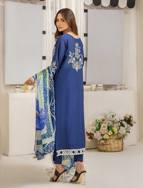 ZA Clothing Embroidered Semi Stitched Lawn- Enchanted Blue 0 2