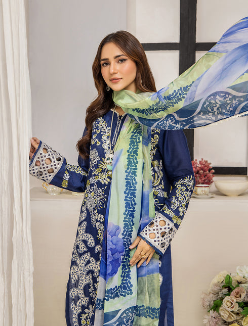 ZA Clothing Embroidered Semi Stitched Lawn- Enchanted Blue 0 2