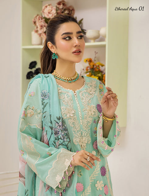 ZA Clothing Embroidered Semi Stitched Lawn- Ethereal Aqua 01