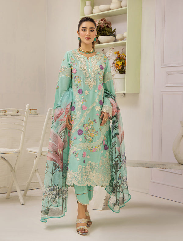 ZA Clothing Embroidered Semi Stitched Lawn- Ethereal Aqua 01