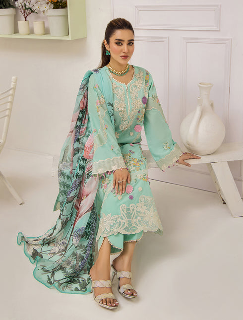 ZA Clothing Embroidered Semi Stitched Lawn- Ethereal Aqua 01