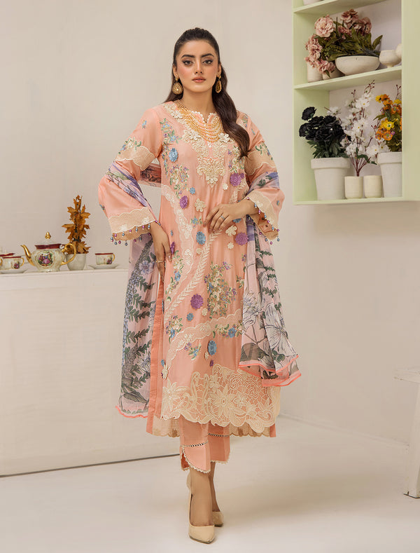 ZA Clothing Embroidered Semi Stitched Lawn-Blush Apricot 04