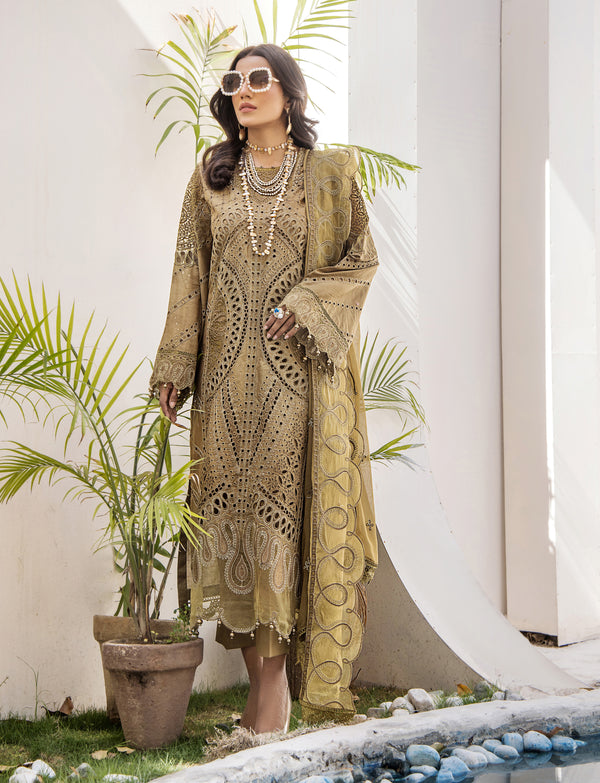 ZA Clothing Embroidered Semi Stitched Lawn- Olive Grove