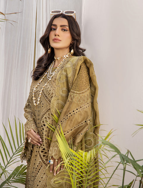 ZA Clothing Embroidered Semi Stitched Lawn- Olive Grove