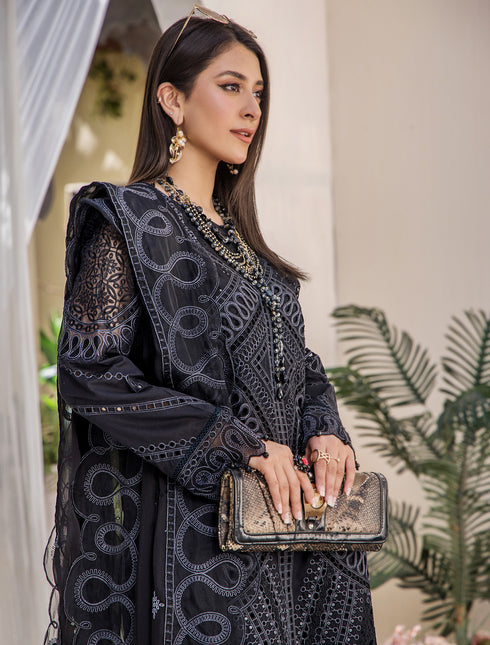ZA Clothing Embroidered Semi Stitched Lawn- Midnight Elegance